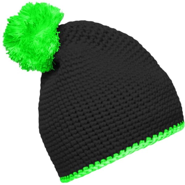 A black knitted beanie featuring a bright green pompon and contrast stripe at the bottom, also has a logo.