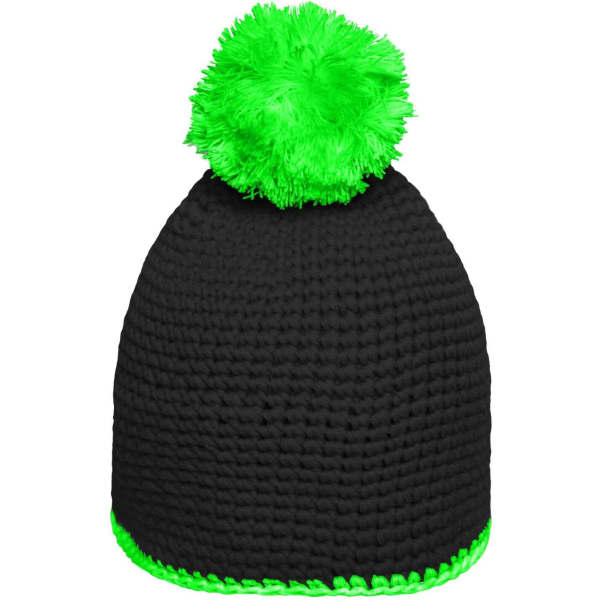A black beanie with a bright green pom-pom and contrast stripe at the base, featuring a logo.
