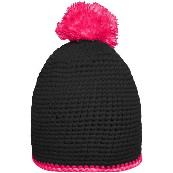 A black knitted hat with a pink pompon on top and a pink contrast stripe around the bottom. It features a branding logo.