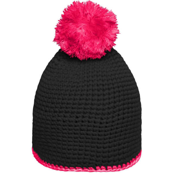 A black knitted hat with a bright pink pompon on top and a pink contrast stripe at the base.