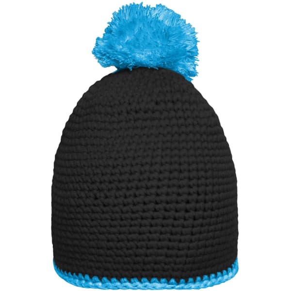 A black knitted hat with a bright blue pompom and contrast stripe around the base. It features a logo.