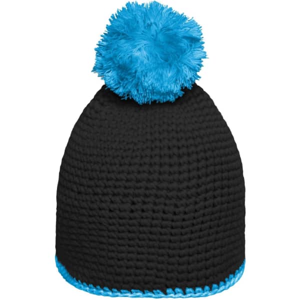 A black knitted pompon hat with a fluffy blue pompom and a contrasting blue stripe at the base.