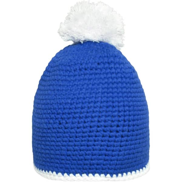 A blue knitted hat with a white contrast stripe and a fluffy pompon on top. It features a simple, rounded design.