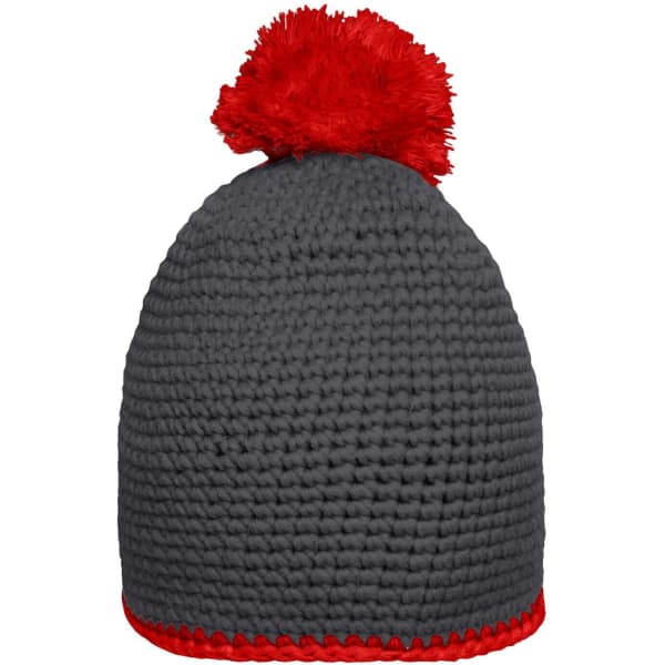 A grey knitted hat with a red pompom on top and a contrasting red stripe at the base.