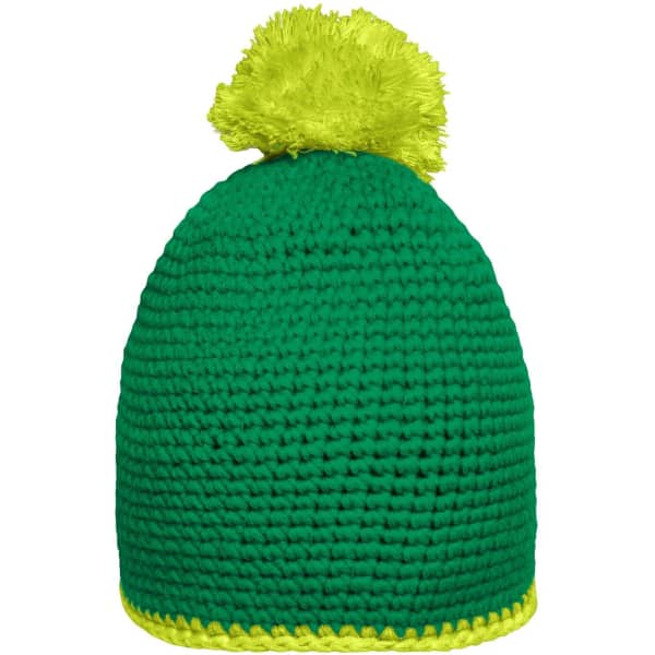 A green Pompon hat with a bright yellow pompom and a contrast yellow stripe at the bottom. It features a logo.