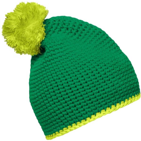 A green Pompon Hat with a bright yellow contrast stripe and a fluffy pompom on top.