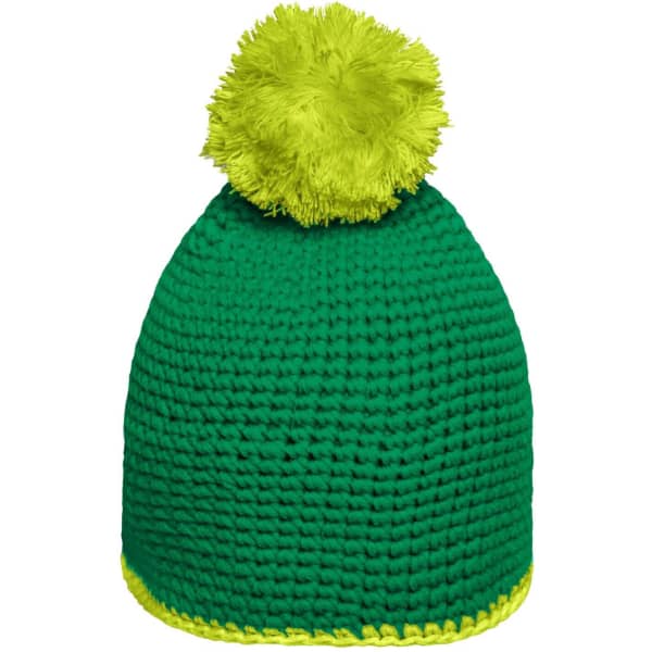 A green pompon hat with a bright yellow pompom and contrast stripe at the base. It features a logo.