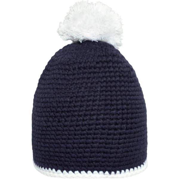 A navy blue knitted hat with a white pompom on top and a contrasting white stripe at the base.