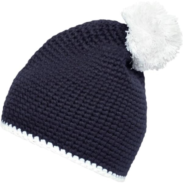 A navy pompon hat with a white contrast stripe and a fluffy white pompom on top. It features a knitted design.