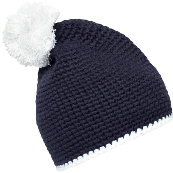 A navy blue pompon hat with a white contrast stripe and a fluffy white pompom on top.
