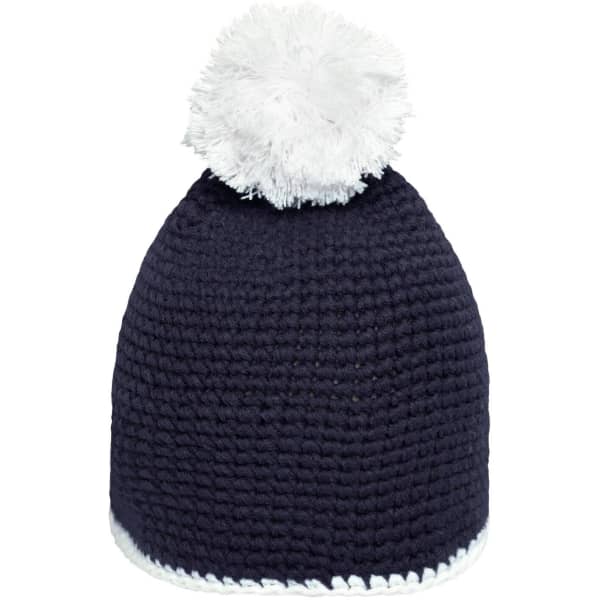 A navy blue knitted hat with a white pompom and contrast stripe at the bottom. It features a logo.