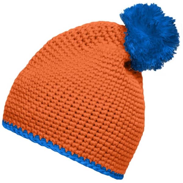 An orange knitted hat with a blue pom-pom and contrast stripe at the base. Features a logo.