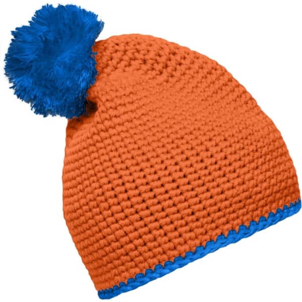 An orange beanie with a blue pompom and contrast stripe at the base. The hat has a textured knit design.