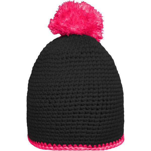 A black knitted hat with a pink pom-pom and contrast pink stripe at the base. It features a logo.