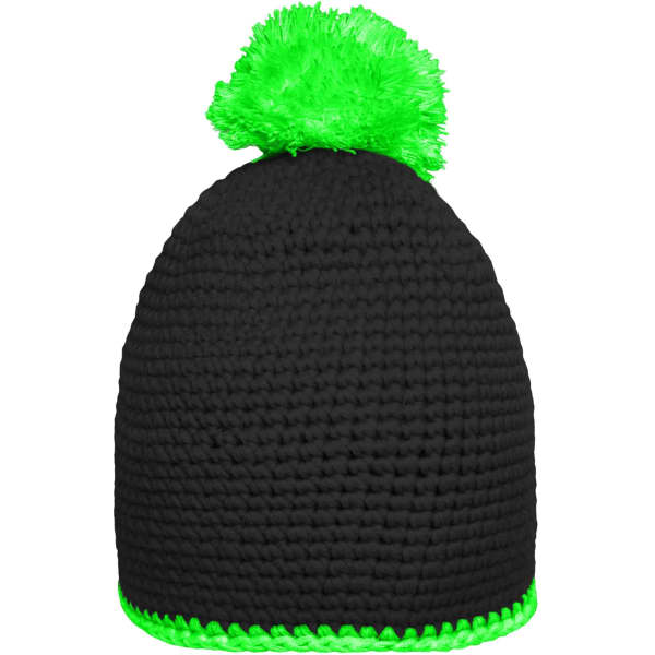 A black knitted hat with a green pompon on top and a green contrast stripe at the base.