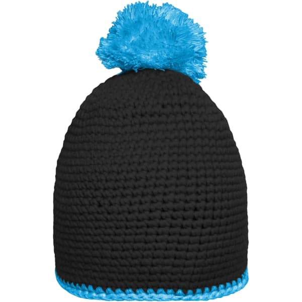 A black knitted hat with a blue pompom on top and a blue contrast stripe along the base. Features a logo.