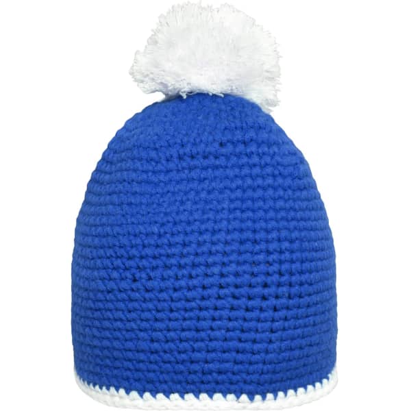 A blue crocheted beanie featuring a white pompom and contrast stripe at the base. It has a logo.