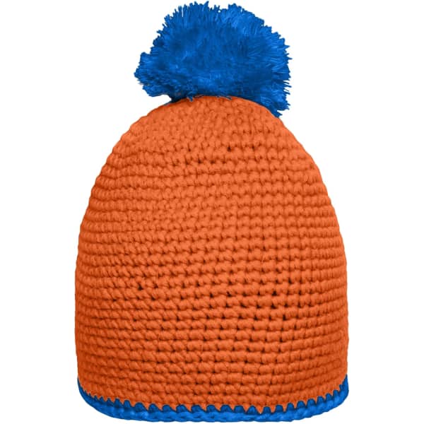 A bright orange knitted hat with a blue contrast stripe and a fluffy blue pompom on top.