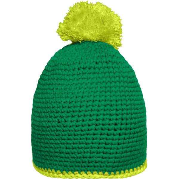 A green knitted hat featuring a bright yellow pompom and a contrast yellow stripe at the brim.