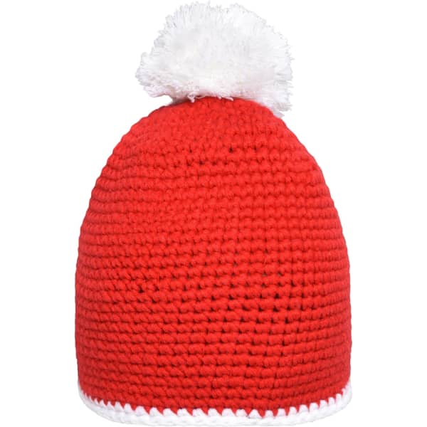 A red knitted beanie with a white pom-pom on top and a white contrast stripe at the base.