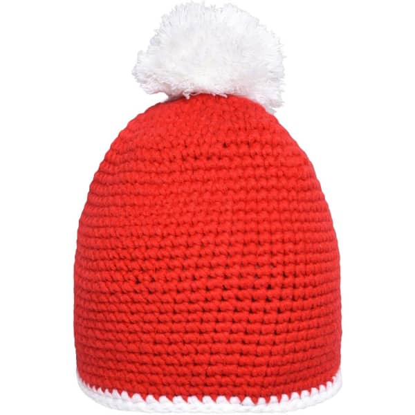 A red knitted hat with a white pompom on top and a white contrast stripe at the bottom.