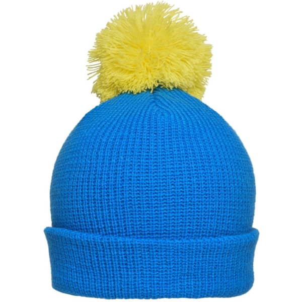 A blue knitted hat with a yellow pompom on top. The hat features a folded brim and has a logo.