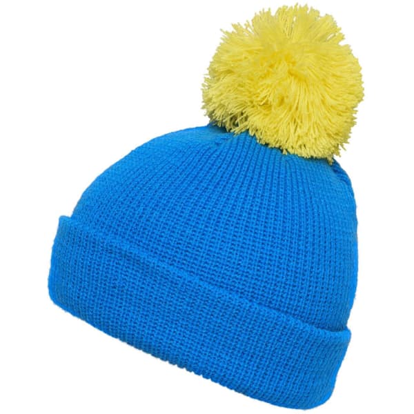 A blue knitted hat with a yellow pompon on top. The hat features a folded brim and has a logo.