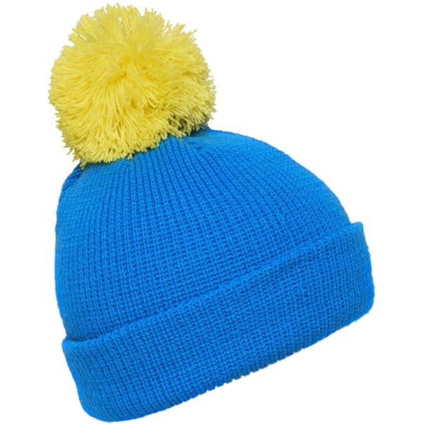 A blue Pompon Hat with a yellow pompom on top, featuring a thick, ribbed brim. The hat has a logo.