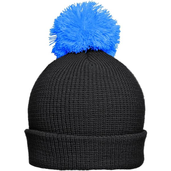 A black beanie with a large blue pompom on top, featuring a folded cuff and a textured knit design.