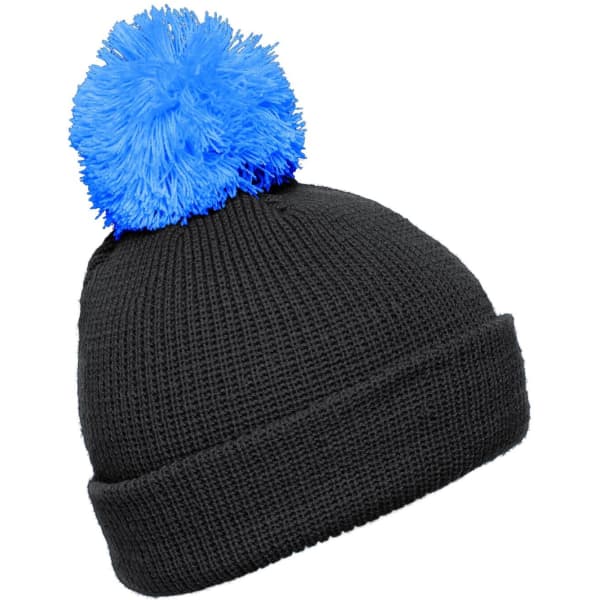 A black knitted beanie with a large blue pompom on top. The hat features a turned-up cuff and has a logo.