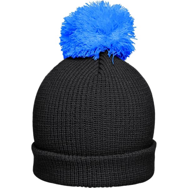 A black beanie with a bright blue pompon on top, featuring a ribbed texture and a folded brim.