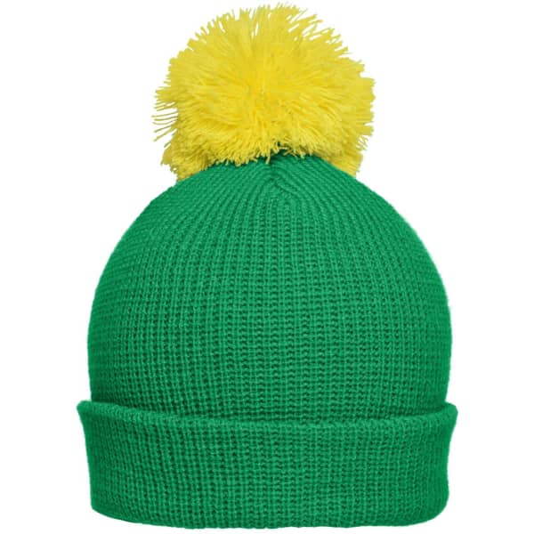 A green knitted beanie with a yellow pompon on top. The hat features a folded brim and has a logo.