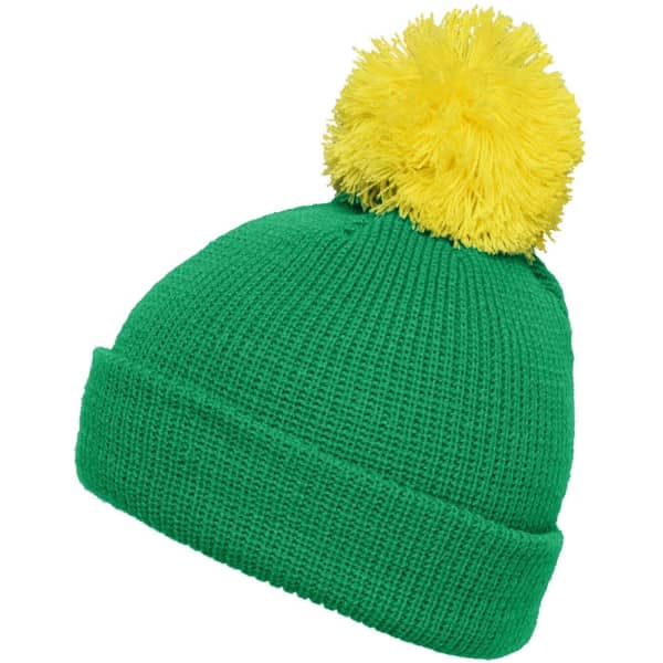 A green knitted hat with a bright yellow pompom on top. It features a turned-up brim and has a logo.