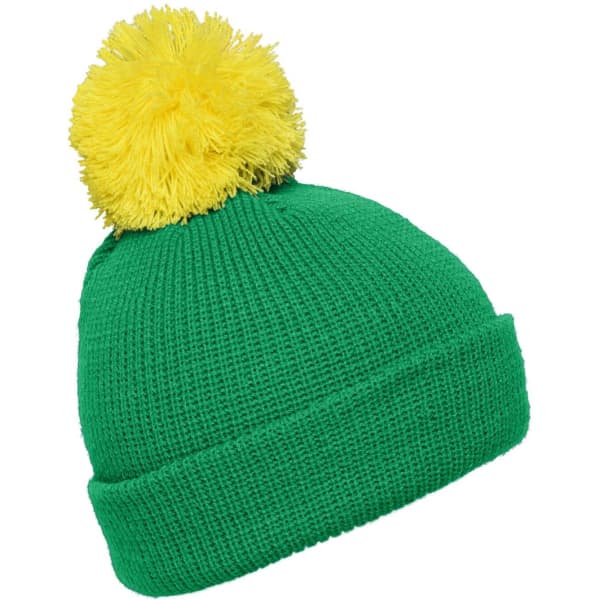 A green beanie with a fluffy yellow pompon on top. Features a textured knit design and a folded cuff.
