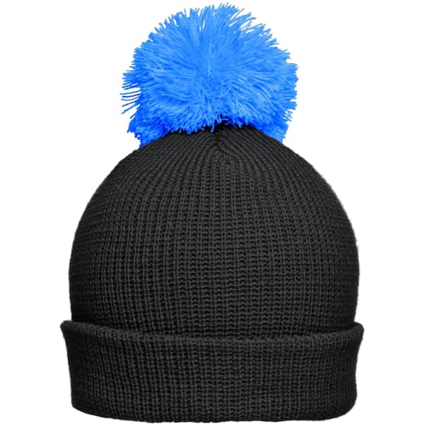 A black knitted hat featuring a bright blue pompom on top, with a rolled brim at the base.