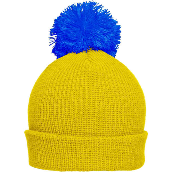 A bright yellow beanie hat with a blue pompom on top, featuring a folded cuff at the base.