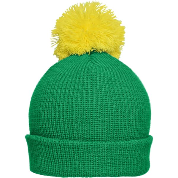A green knit hat with a yellow pompon on top and a folded brim. It features a logo.