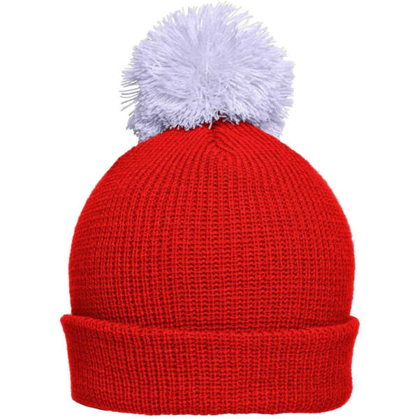A red knitted hat with a purple pompom on top. The design features a folded brim.