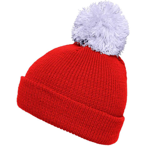 A red knitted beanie with a light grey pompom on top. Features a textured pattern and a folded brim.