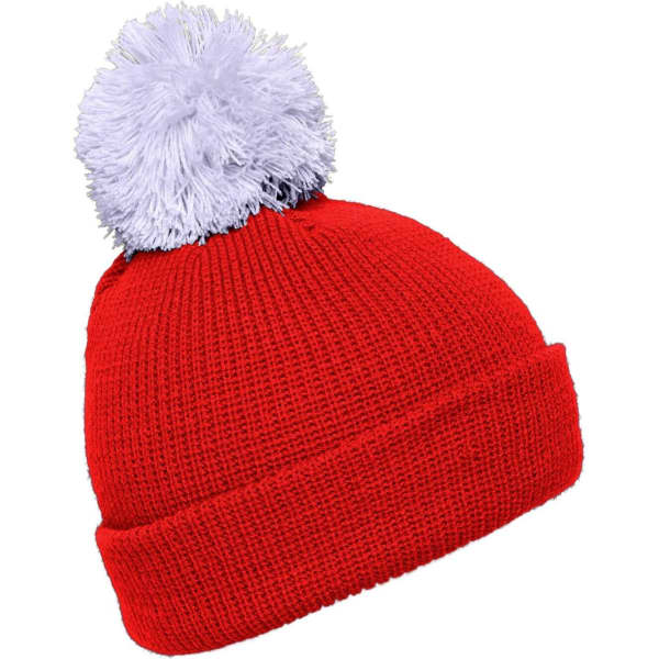 A red knit beanie with a white pompom on top and a folded brim. It features a logo.