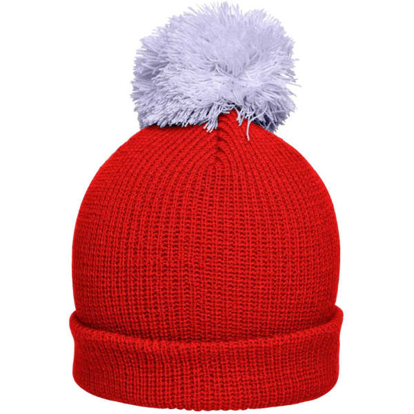 A red knitted hat with a purple pompom on top and a folded brim, featuring a logo.