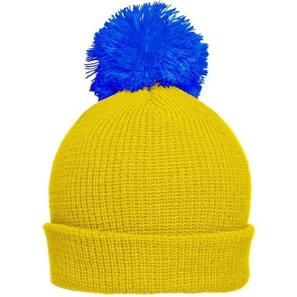 A yellow beanie hat with a blue pompom on top and a folded brim. It features a logo on the front.