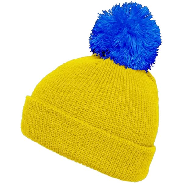 A yellow knit hat with a blue pompom on top. It features a fold-over brim and has a logo.