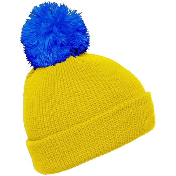 A yellow knitted hat with a blue pompom on top. It features a folded brim and has a logo present.