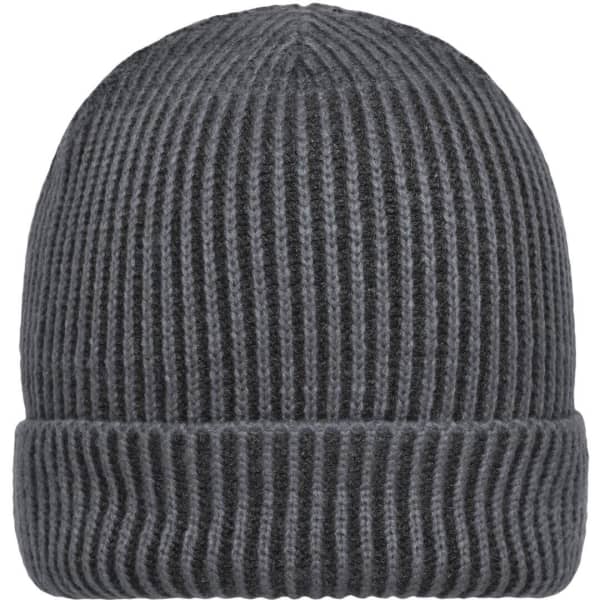 A ribbed beanie in a dark grey colour, featuring a folded cuff and textured design. Contains branding.