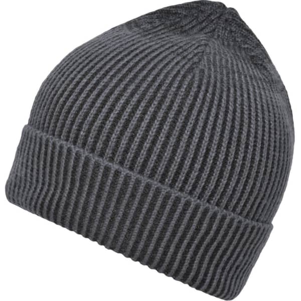 A dark grey ribbed beanie featuring a textured design and a fold-over cuff. It has a subtle logo.