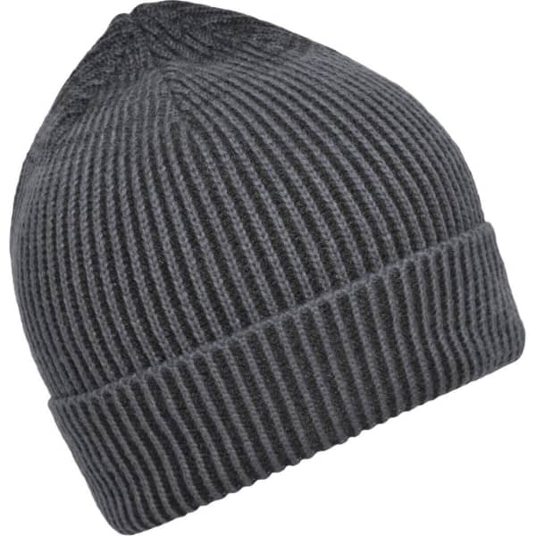 A ribbed beanie in dark grey with a logo. The beanie features a classic, snug fit design.