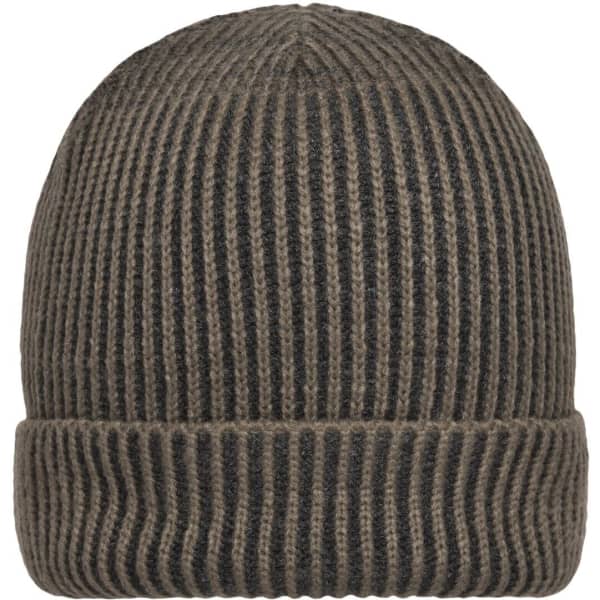 A ribbed beanie in dark grey with a classic fold-up design and subtle branding.