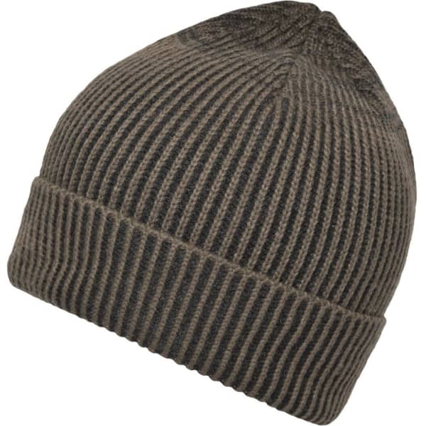 A ribbed beanie in a dark brown hue, featuring a textured design and a folded cuff. It has a logo on it.