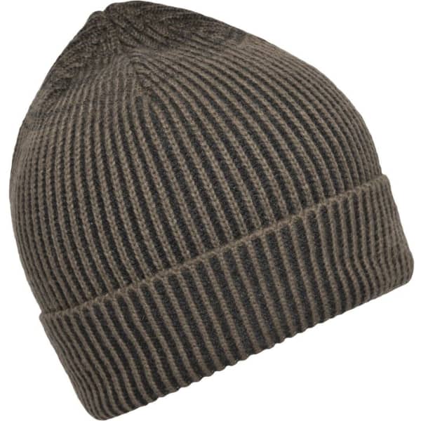 A ribbed beanie in a dark brown shade, featuring a snug fit and textured design.